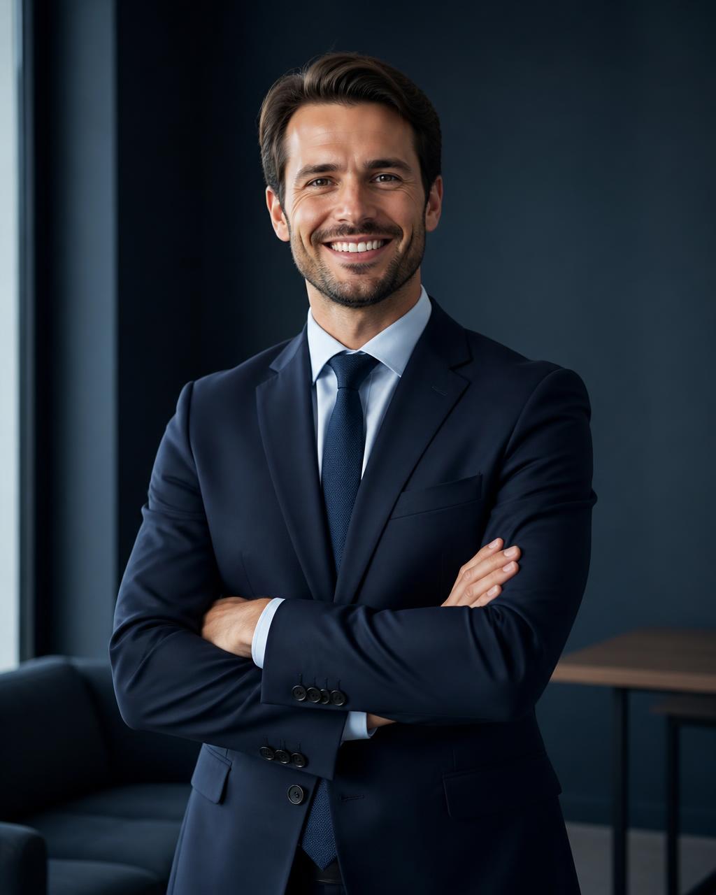 Empresário sorrindo em ambiente corporativo moderno
