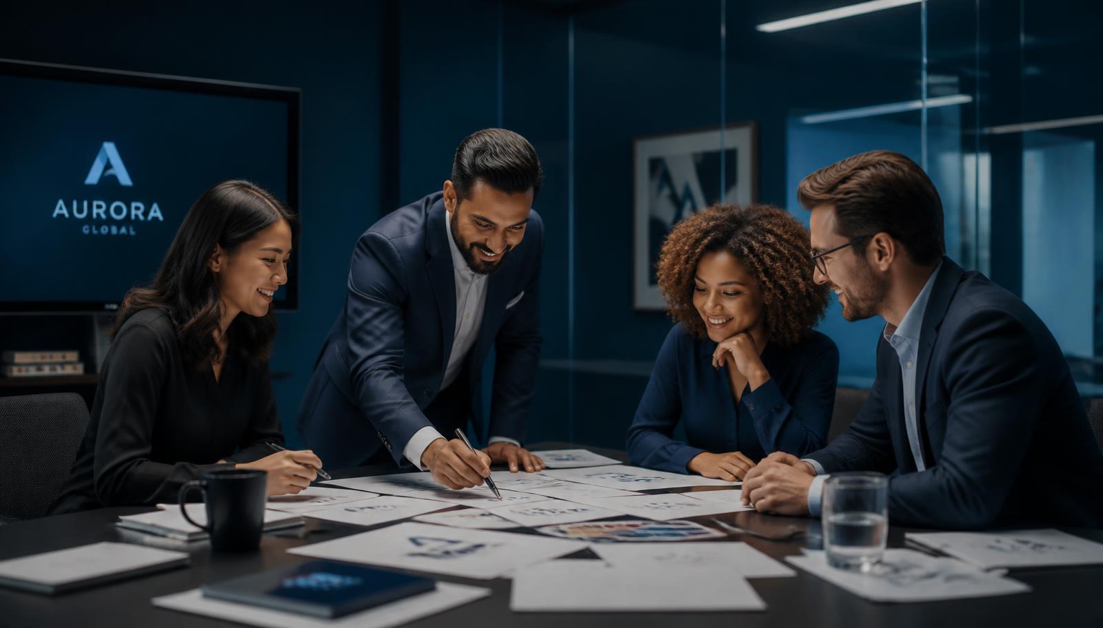 Equipe corporativa planejando a estrutura digital de uma empresa em reunião