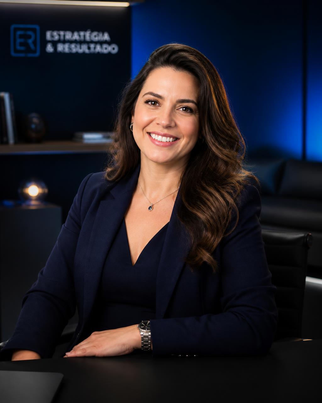 Empresária sorrindo em escritório corporativo moderno