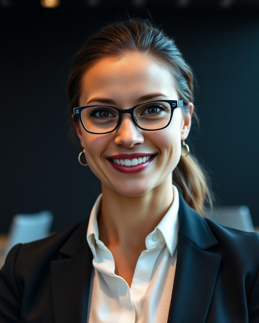 Executiva sorrindo em escritório corporativo moderno